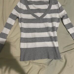 Gray and White Striped V-Neck Sweater